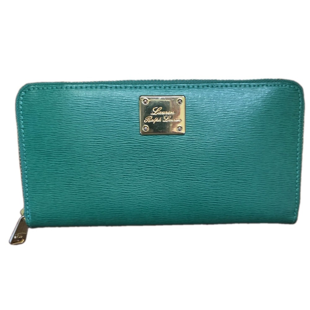Lauren Ralph Lauren Newbury Green Saffiano Leather Zip Around Wallet Gold